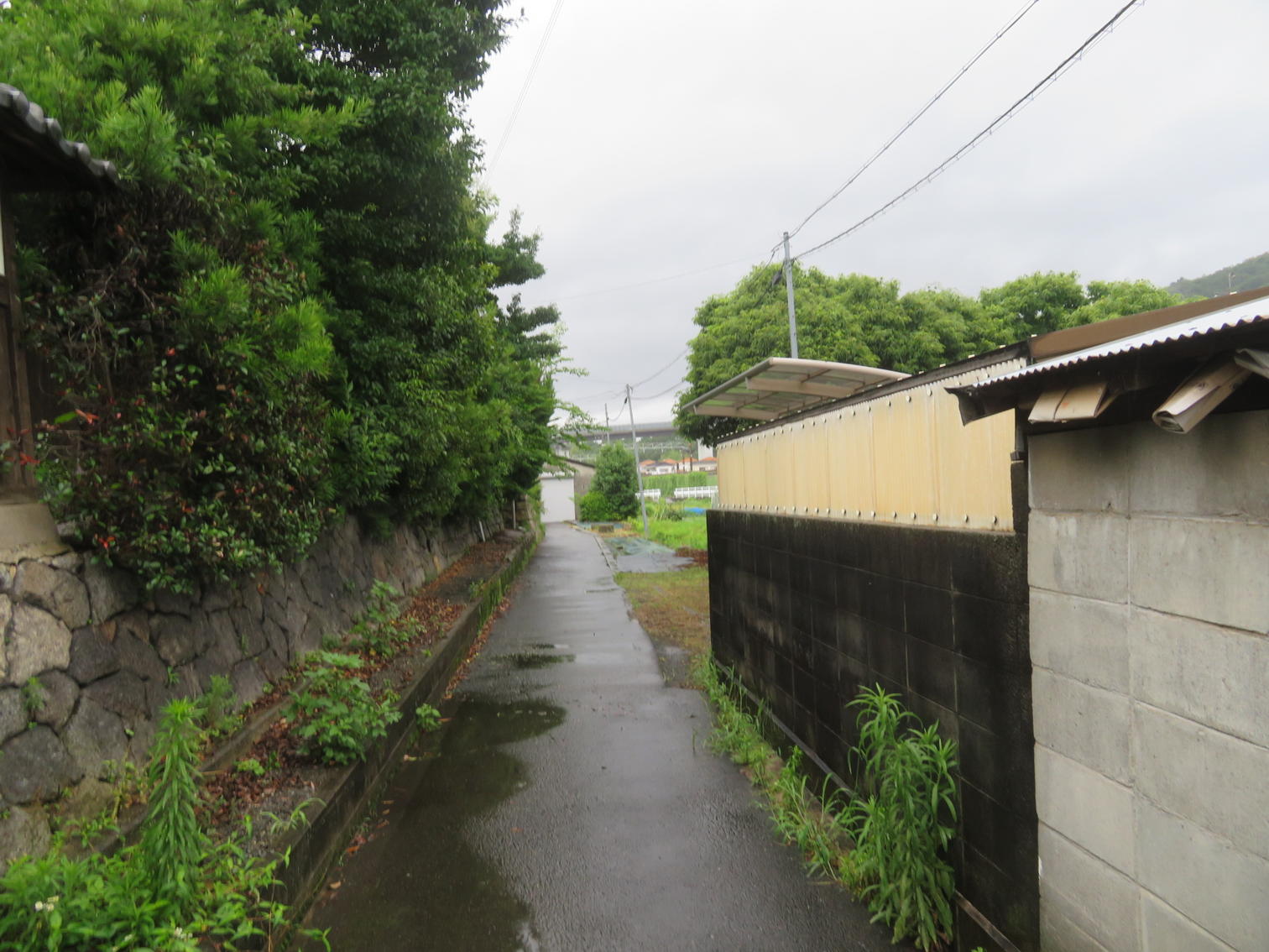 梶原の古い建物の間を通る道路