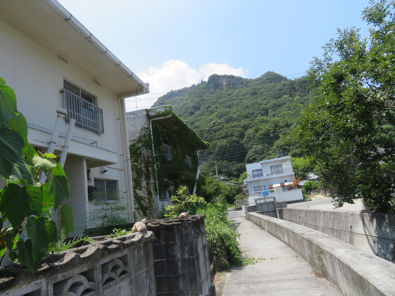 白い2階建て住宅と背後の岩山