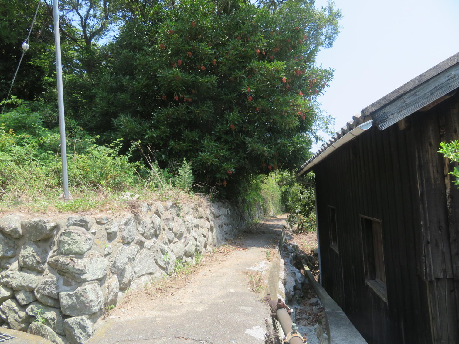 石垣と木造建物の間を通る細道