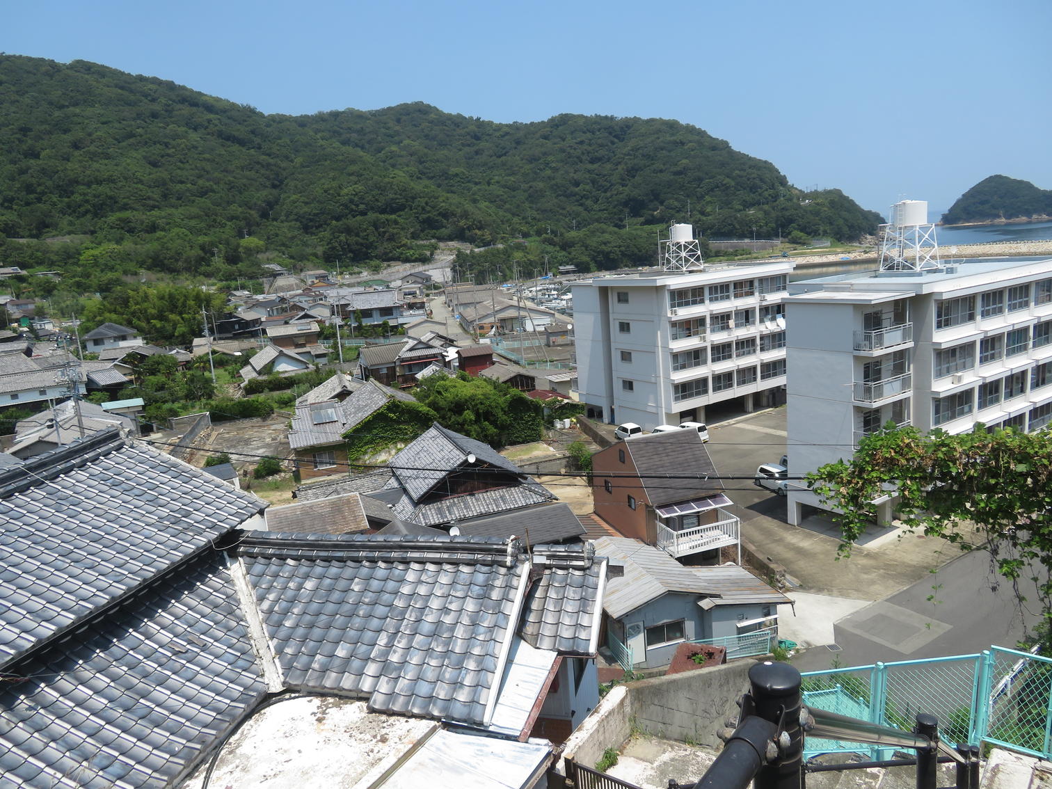 高台から見た橘地区の家並みと町営住宅と海