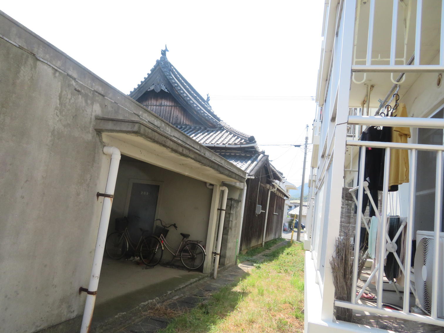 住宅の隙間から見える瓦屋根の堂
