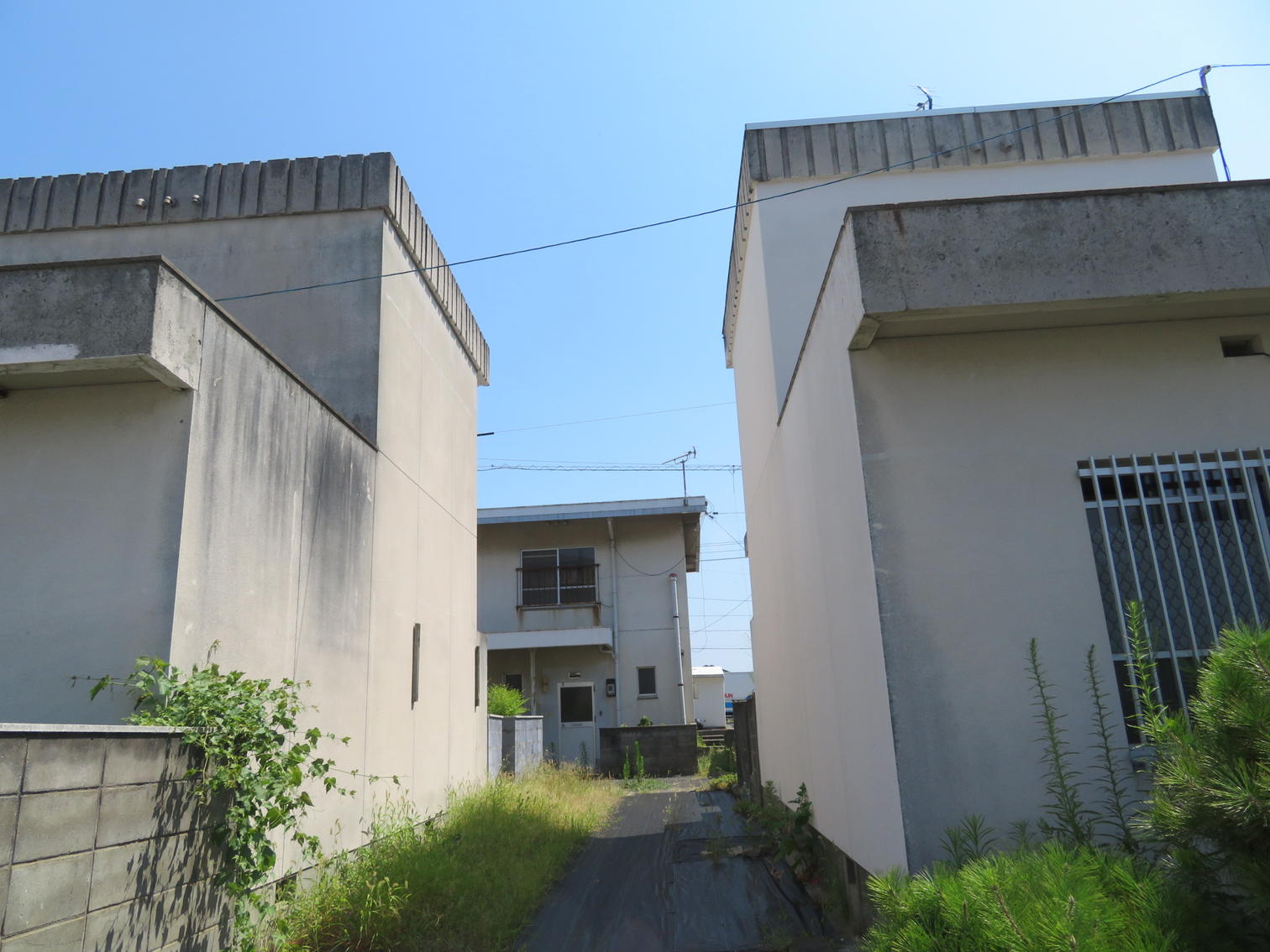 陸屋根の古い平屋の住宅と路地