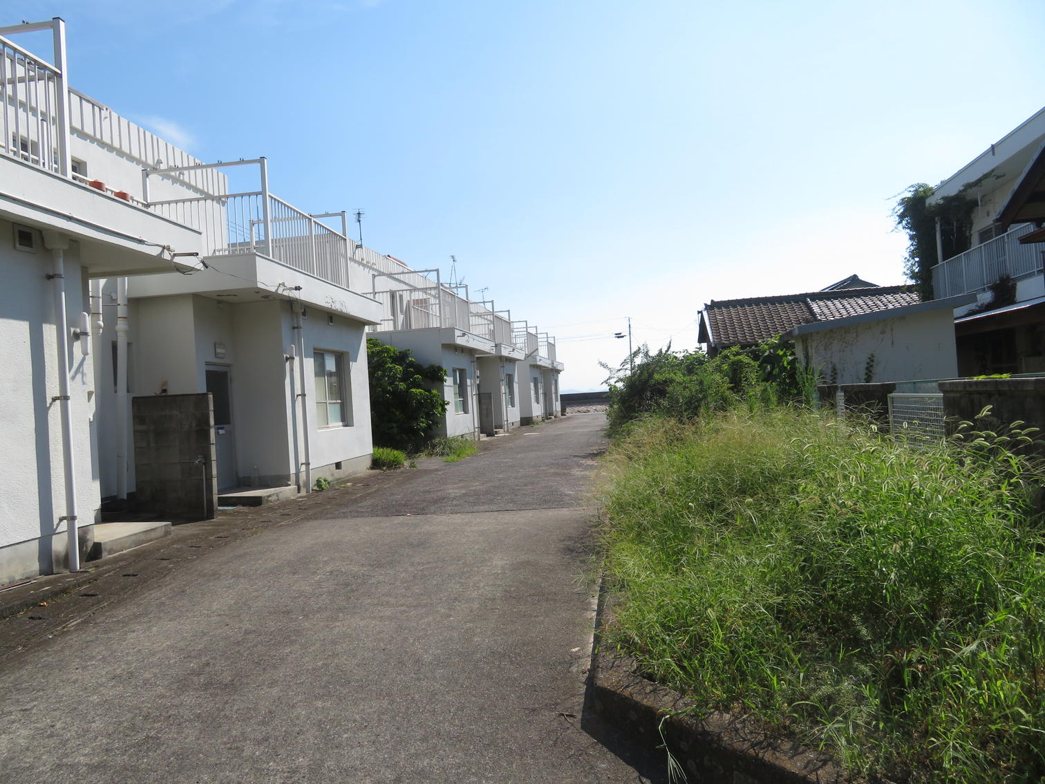 白い2階建て住宅が並ぶ通り。
