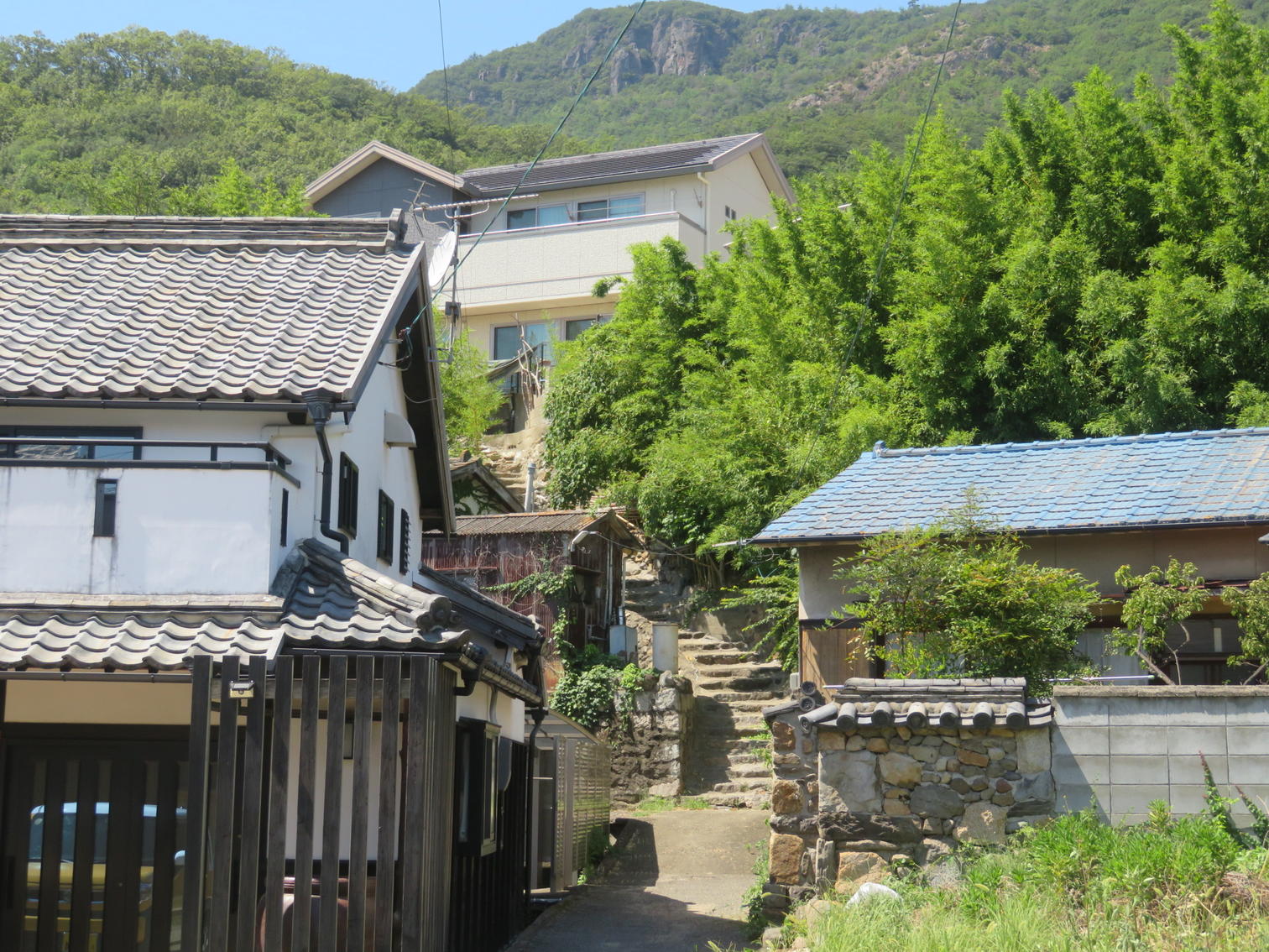瓦屋根の家並みの向こうに山が迫る。